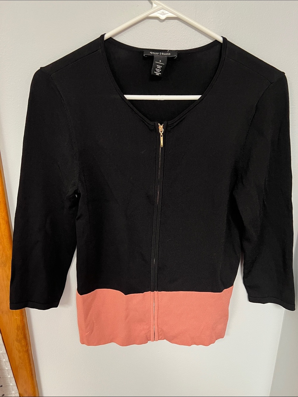 White House Black Market Black and Coral Zip-Front Knit Jacket